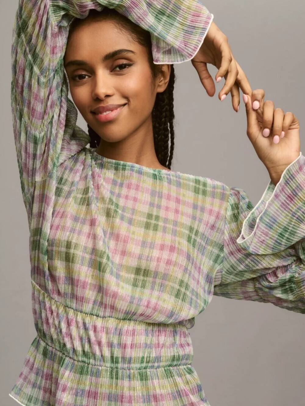 Porridge by Anthropologie Purple & Green Plaid Shiny Sheer Top - Size - Large